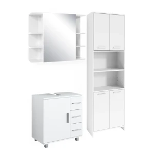 Set di mobili da bagno Maris Bianco 3 pezzi, con mobile alto, mobile a specchio per il bagno e mobiletto per lavabo Vicco