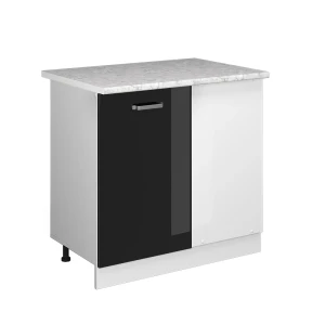 Mobile ad angolo cucina R-Line Nero lucido 86 cm, Piano di lavoro Marmo Vicco
