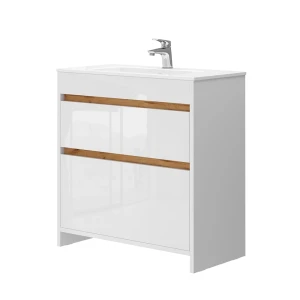 Badeværelsesmøbler sæt Detmold Hvid højglans/guld power oak 2 dele, underskab 80 cm Vicco