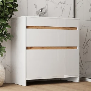 Waschbeckenunterschrank Detmold Weiß Hochglanz/Goldkraft Eiche 2 Teile, Unterschrank 80 cm livinity®