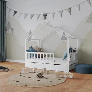 Hausbett Franka Weiß 80x160 cm mit 2 Schubladen und Matratze livinity®