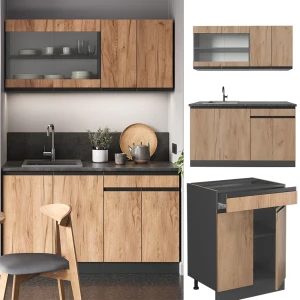 Singleküche R-Line Goldkraft Eiche/Anthrazit 140 cm  J-Shape, AP Anthrazit livinity®