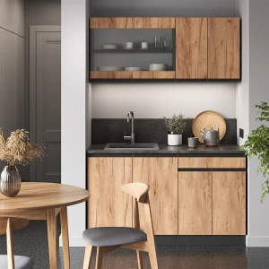 Singleküche R-Line Goldkraft Eiche/Anthrazit 140 cm J-Shape livinity®