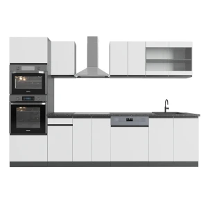 Køkkenrække R-Line Hvid/antracit 300 cm J-form, med højskab, uden bordplade Vicco