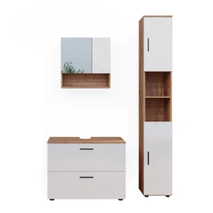 Badeværelsesmøbler sæt Irma Hvid højglans/guld power oak 3 dele, med skuffenhed og højskab Vicco