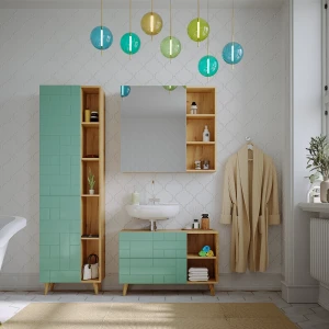 Badschrank Rudi Mintgrün 56 x 193 cm mit Türen, und offenen Fächern livinity®