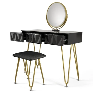 Makeupbord Ruby Sort 100 cm med LED-spejl og skammel Vicco