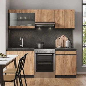 Küchenzeile R-Line Goldkraft Eiche/Anthrazit 200 cm J-Shape livinity®