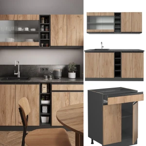 Singleküche R-Line Goldkraft Eiche/Anthrazit 160 cm  J-Shape, AP Anthrazit livinity®