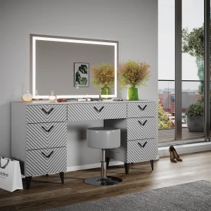 Schminktisch Anett Grau 150 cm mit LED Spiegel und Hocker livinity®