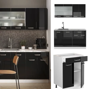 Küchenzeile R-Line Schwarz Hochglanz/Weiß 140 cm , AP Eiche livinity®