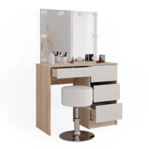 Makeupbord Sherry Sonoma 90 cm med LED-belysning og skammel Vicco