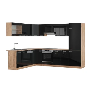 Hjørnekøkken R-Line Højglans sort/guld eg 287 x 46 cm uden bordplade Vicco