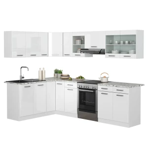 Hjørnekøkken Rick Hvid højglans/hvid 270 x 60 cm med bordplade med LED-strip Vicco