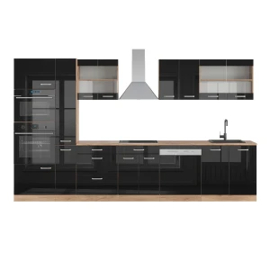 Küchenzeile R-Line Schwarz Hochglanz/Goldkraft Eiche 350 cm mit Hochschrank, AP Eiche Vicco