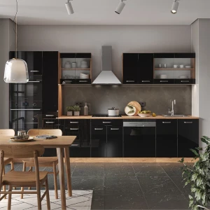 Küchenzeile R-Line Schwarz Hochglanz/Goldkraft Eiche 350 cm mit Hochschrank, AP Anthrazit livinity®