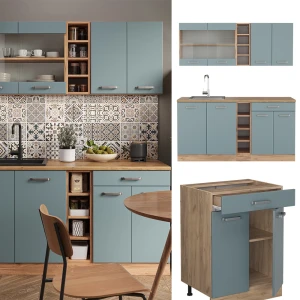 Singleküche R-Line Blau-Grau/Goldkraft Eiche 160 cm , AP Eiche livinity®