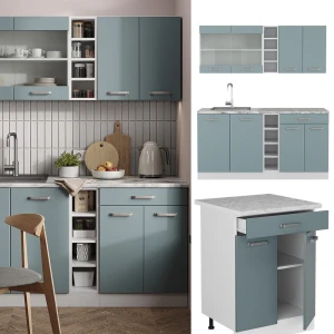 Singleküche R-Line Blau-Grau/Weiß 160 cm , AP Eiche livinity®