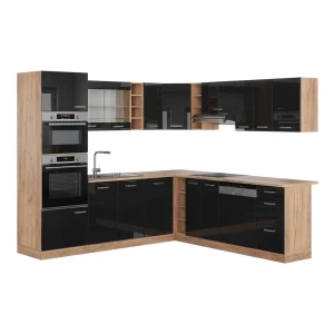 Hjørnekøkken R-Line Højglans sort/guld eg 247 x 46 cm uden bordplade Vicco