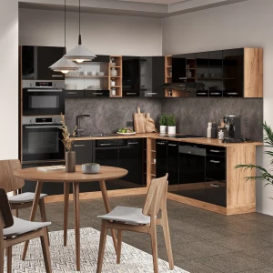 Eckküche R-Line Schwarz Hochglanz/Goldkraft Eiche 247 x 237 cm ohne Arbeitsplatte livinity®