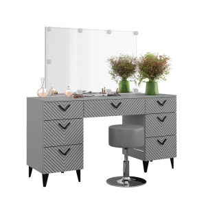 Makeupbord Anett Grå 150 cm med LED-belysning og skammel Vicco