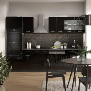 Küchenzeile R-Line Schwarz Hochglanz/Anthrazit 300 cm mit Hochschrank, AP Marmor livinity®