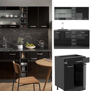 Singleküche R-Line Schwarz Hochglanz/Anthrazit 160 cm , AP Eiche livinity®
