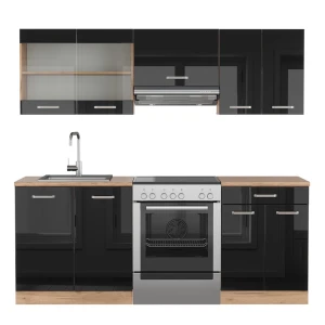 Keittokomero R-Line Musta korkeakiilto/Goldkraft tammi 200 cm ilman työtasoa Vicco