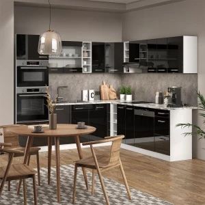 Eckküche R-Line Schwarz Hochglanz/Weiß 247 x 237 cm ohne Arbeitsplatte livinity®