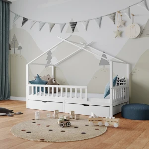 Hausbett Franka Weiß 90x200 cm mit 2 Schubladen und Matratze livinity®