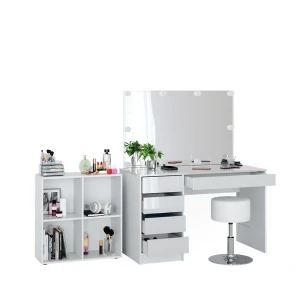 Påklædningsbord Sherry Hvid 120 cm 4 dele, med hylde, spejl, skammel, LED Vicco