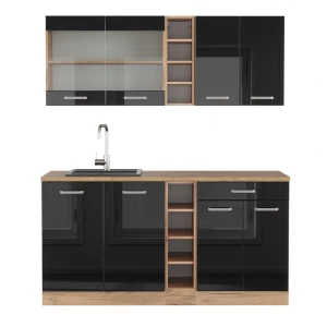 Cozinha individual R-Line Preto alto brilho/carvalho Goldkraft 160 cm , AP Carvalho Vicco