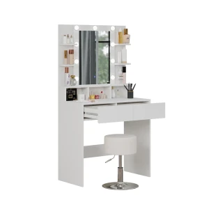 Makeupbord Taylor Hvid 80 cm med LED-belysning og skammel Vicco