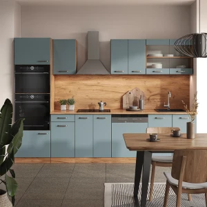 Küchenzeile R-Line Blau-Grau/Goldkraft Eiche 300 cm mit Hochschrank, ohne Arbeitsplatte livinity®