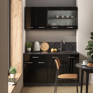 Singleküche R-Line Schwarz Hochglanz/Anthrazit 140 cm , AP Marmor livinity®