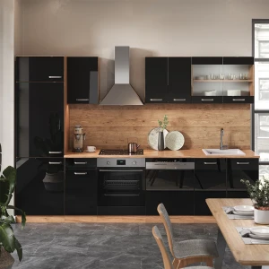 Küchenzeile R-Line Schwarz Hochglanz/Goldkraft Eiche 300 cm ohne Arbeitsplatte livinity®