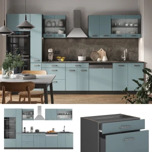 Küchenzeile R-Line Blau-Grau/Anthrazit 350 cm mit Hochschrank, AP Marmor livinity®