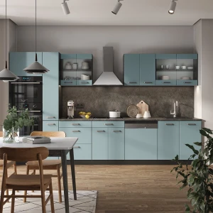 Küchenzeile R-Line Blau-Grau/Anthrazit 350 cm mit Hochschrank, AP Eiche livinity®