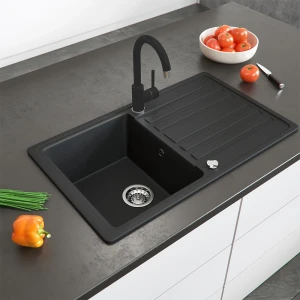 Granitspüle   Schwarz 76.5 x 46 cm mit Armatur Schwarz Bergström