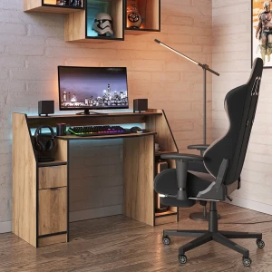 Gaming-Tisch Joel Goldkraft Eiche 123.2 x 45 cm mit 1 Schublade und 1 Tür livinity®