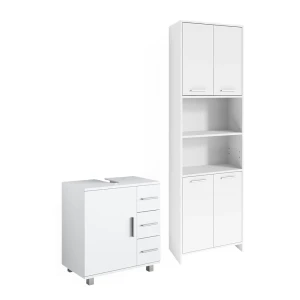 Meubles bain Maris Blanc 2 pièces, avec armoire haute et meuble sous-lavabo Vicco