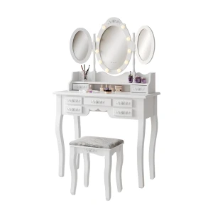 Makeupbord Diana Hvid 90 cm med belysning og skammel Vicco