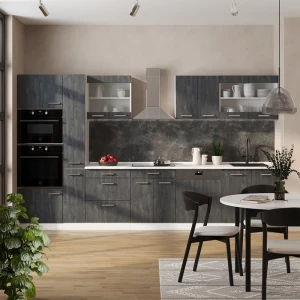 Küchenzeile R-Line Schwarz Beton/Weiß 350 cm AP Eiche livinity®