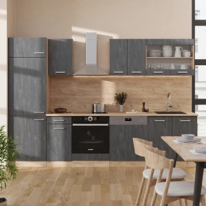 Küchenzeile R-Line Schwarz Beton/Goldkraft Eiche 300 cm AP Anthrazit livinity®