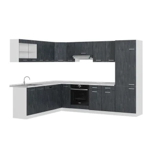 Hjørnekøkken R-Line Sort beton/Hvid 287 x 227 cm uden bordplade Vicco