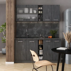 Singleküche R-Line Schwarz Beton/Anthrazit 160 cm AP Marmor livinity®