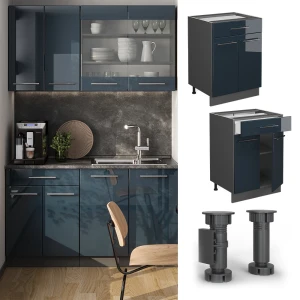 Küchenunterschrank Fame-Line Dunkelblau Hochglanz 60 cm mit Schublade, AP Marmor livinity®