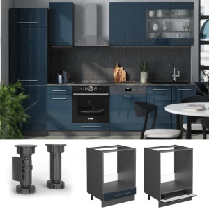 Herdumbauschrank Fame-Line Dunkelblau Hochglanz 60 cm , AP Marmor livinity®