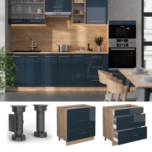 Küchenunterschrank Fame-Line Dunkelblau Hochglanz 80 cm mit 3 Schubladen, AP Marmor livinity®