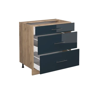 Küchenunterschrank Fame-Line Dunkelblau Hochglanz 80 cm mit 3 Schubladen, ohne Arbeitsplatte livinity®